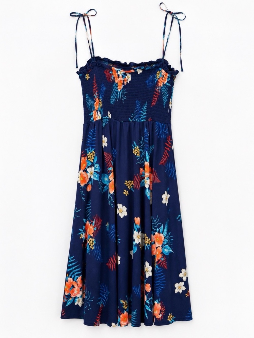 Express Floral Smocked Midi Dress Size Large Navy Blue